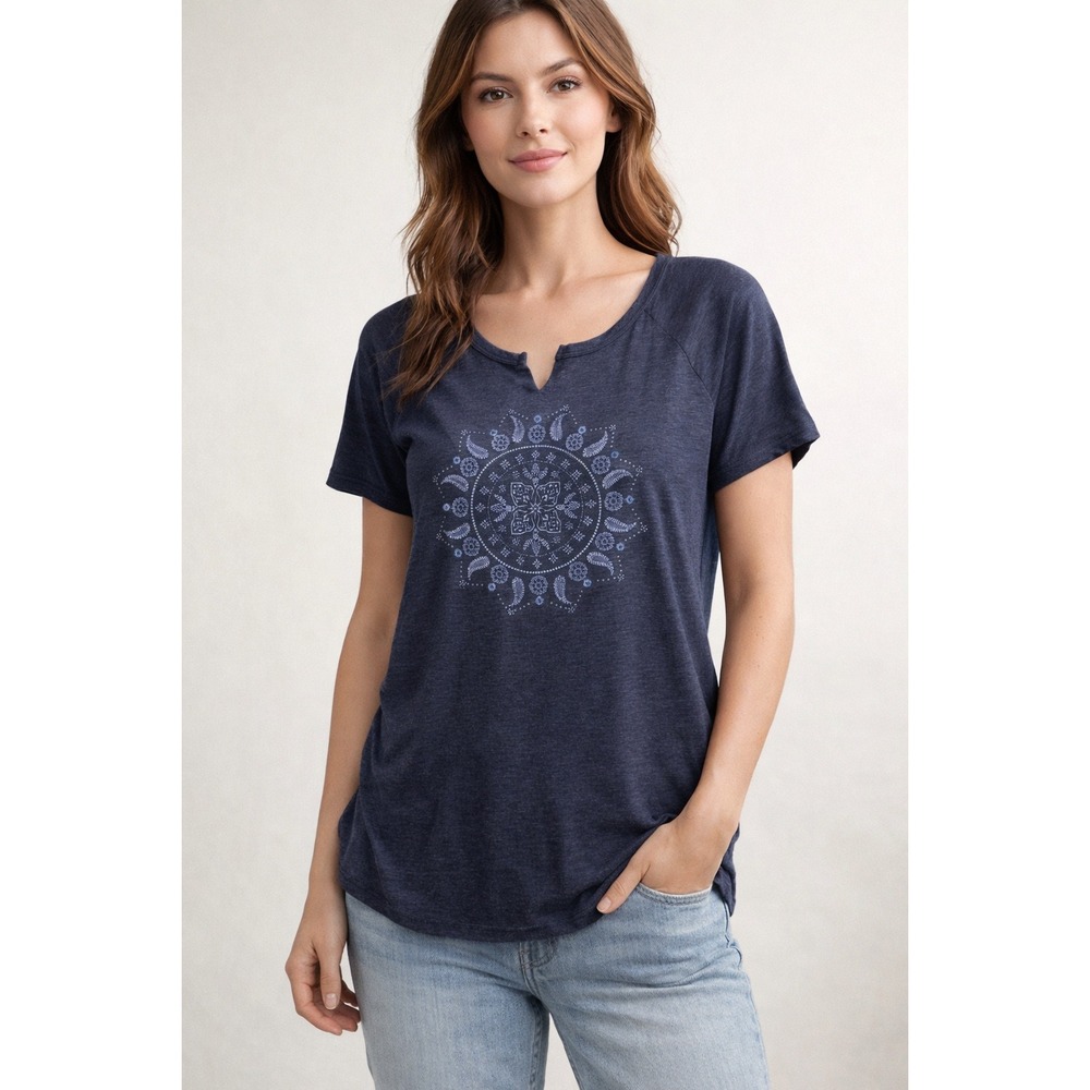 Hiatus Women Navy Blue Mandala Print V-Neck Split Neck‎ Tunic Top Plus Size 3X